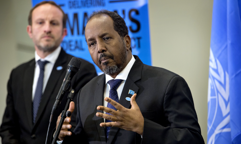 Somali President Hassan Sheikh Mohamud (R) addresses a press conference next to Danish Foreign Minister Martin Lidegaard, Copenhagen, Denmark, November 19, 2014. Mohamud is running for re-election as president of Somalia.