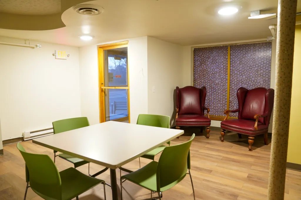 A lunch room in the former Motel Metro Inn, pictured in November 2023. Agate Housing and Services is turning the former motel in south Minneapolis into affordable housing for 38 tenants. Credit: Dymanh Chhoun | Sahan Journal