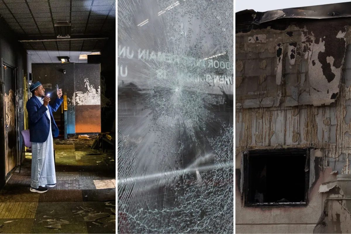 From left, Masjid Al Rahma was damaged by fire on April 24, 2023; a smashed door at Masjid As Sunnah on May 12; fire damage to the Oromo American Tawhid Islamic Center on May 17. Credit: Jaida Grey Eagle and Dymanh Chhoun | Sahan Journal