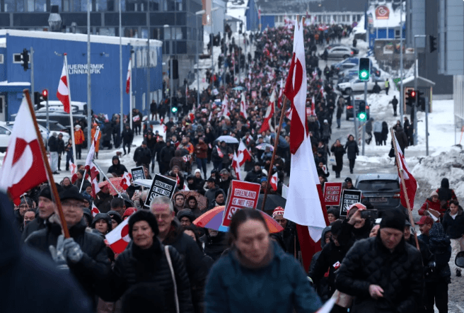 Large crowds protest against a US takeover of Greenland in the territory's capital of Nuuk on Saturday. Sean Gallup/Getty Images